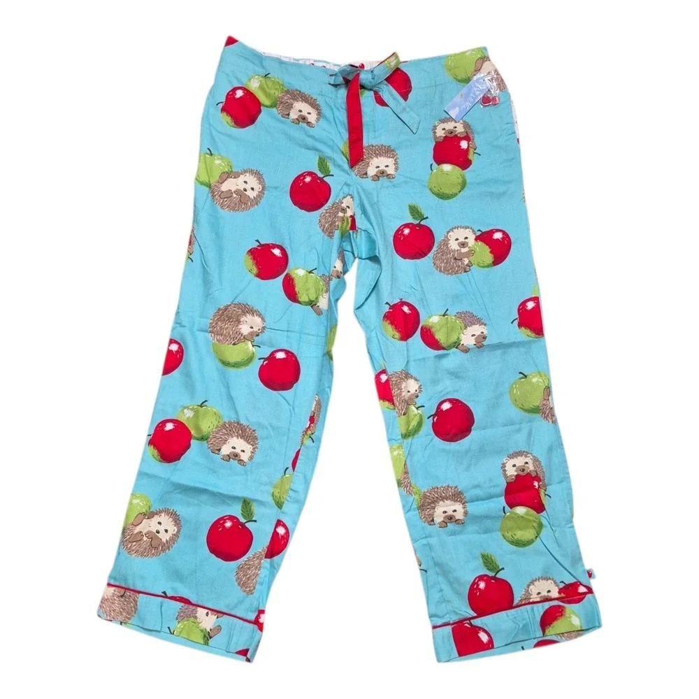 Nick & Nora Women's XXL Hedgehog Apple Pajama Pants Turq Cotton Sleepwear NWT